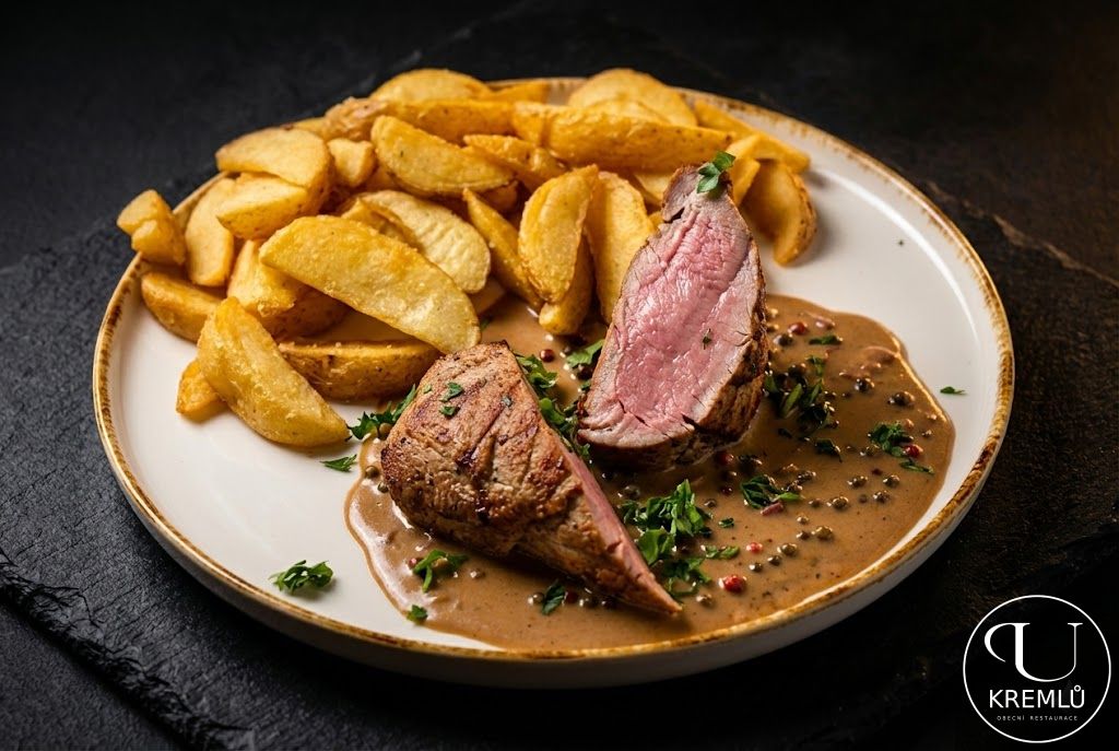 200g Steak z vepřové panenky, pepřová omáčka, americké brambory